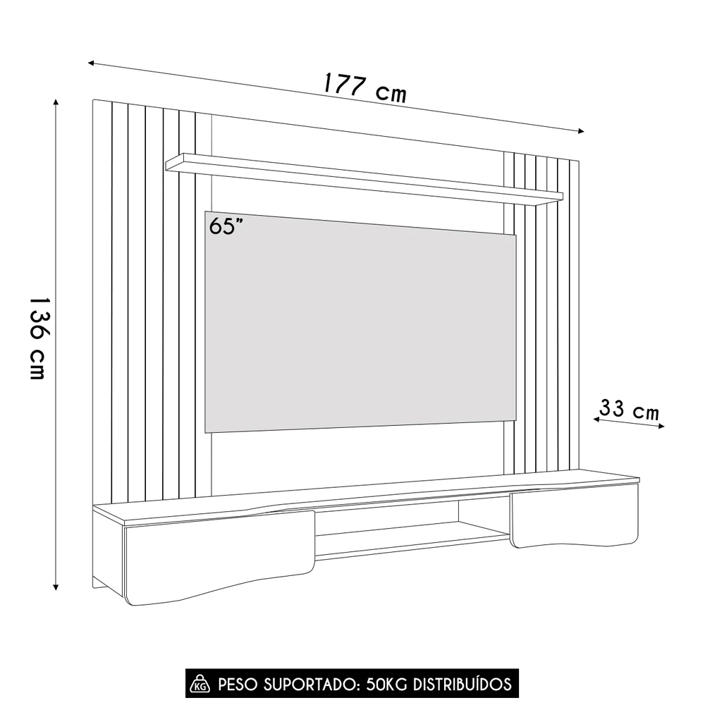 Painel TV 65 Pol e Bancada Suspensa 177cm Ivai Naturalle/Off B02 - Mpozenato