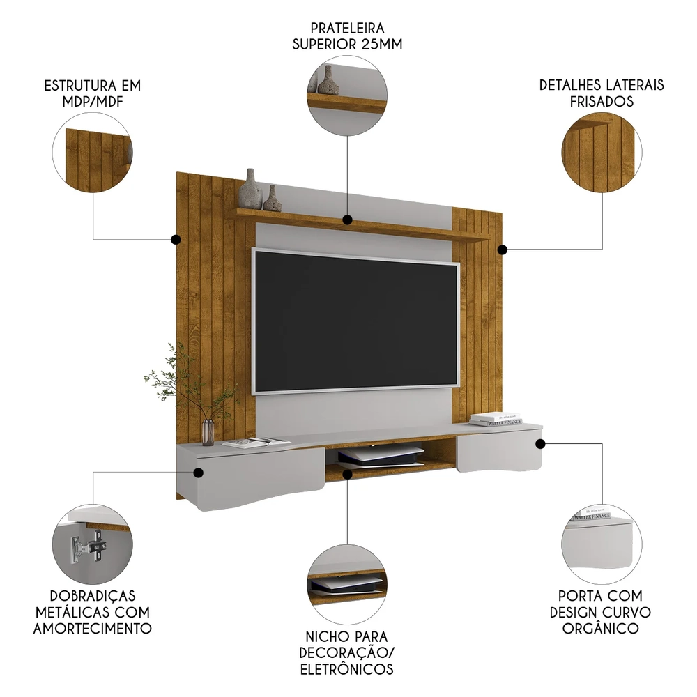 Painel TV 65 Pol e Bancada Suspensa 177cm Ivai Naturalle/Off B02 - Mpozenato