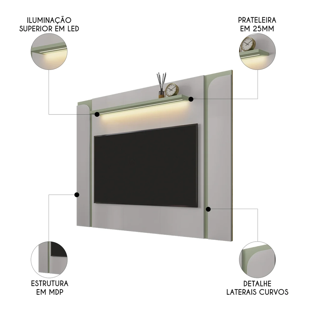 Painel Para TV Suspenso 75 Pol 180cm Marina Off/Pistache B02 - Mpozenato