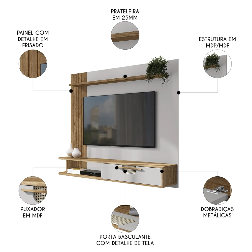 Painel TV 65 Pol e Bancada Suspensa 161cm Malu Cinamomo/Off B02 - Mpozenato