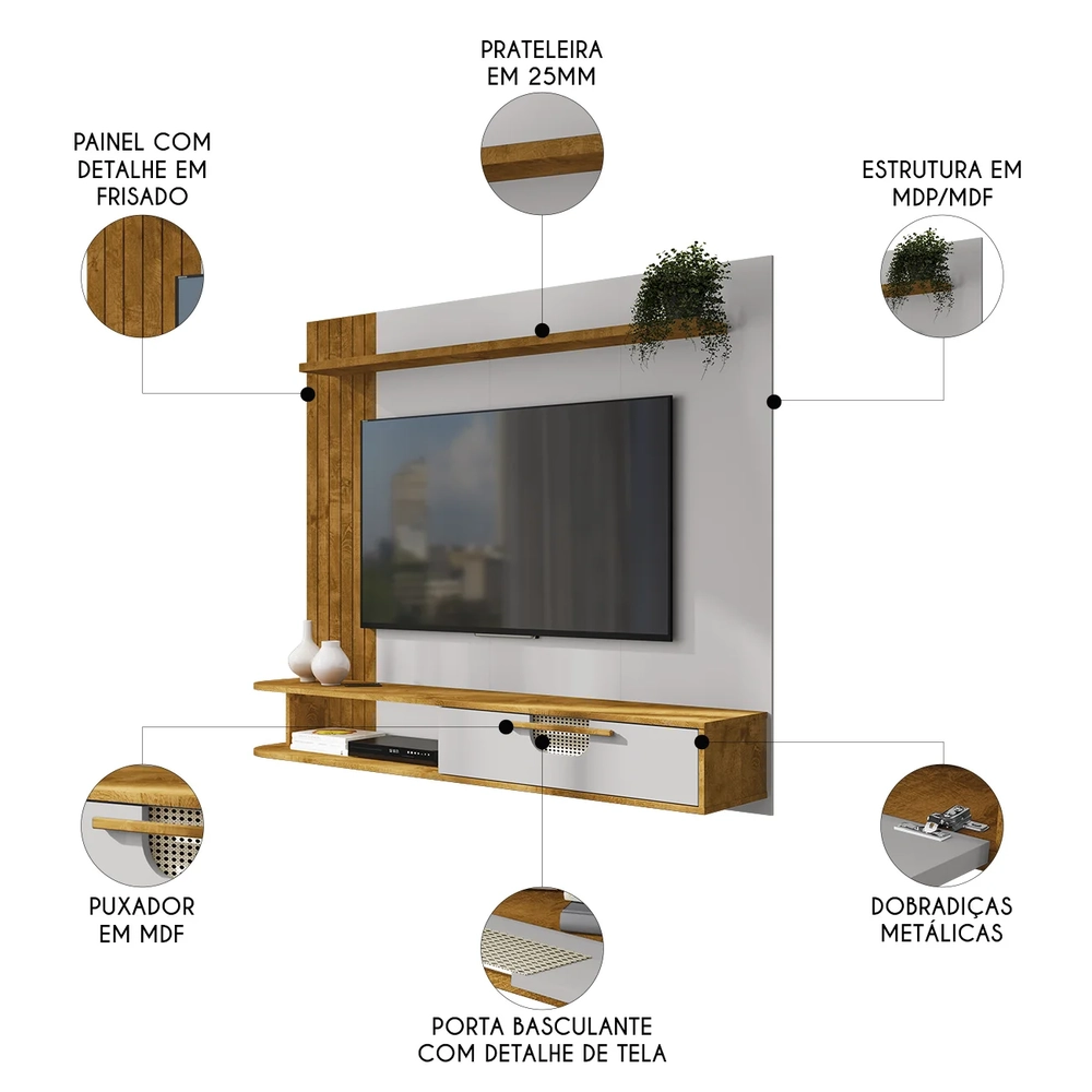 Painel TV 65 Pol e Bancada Suspensa 161cm Malu Naturalle/Off B02 - Mpozenato