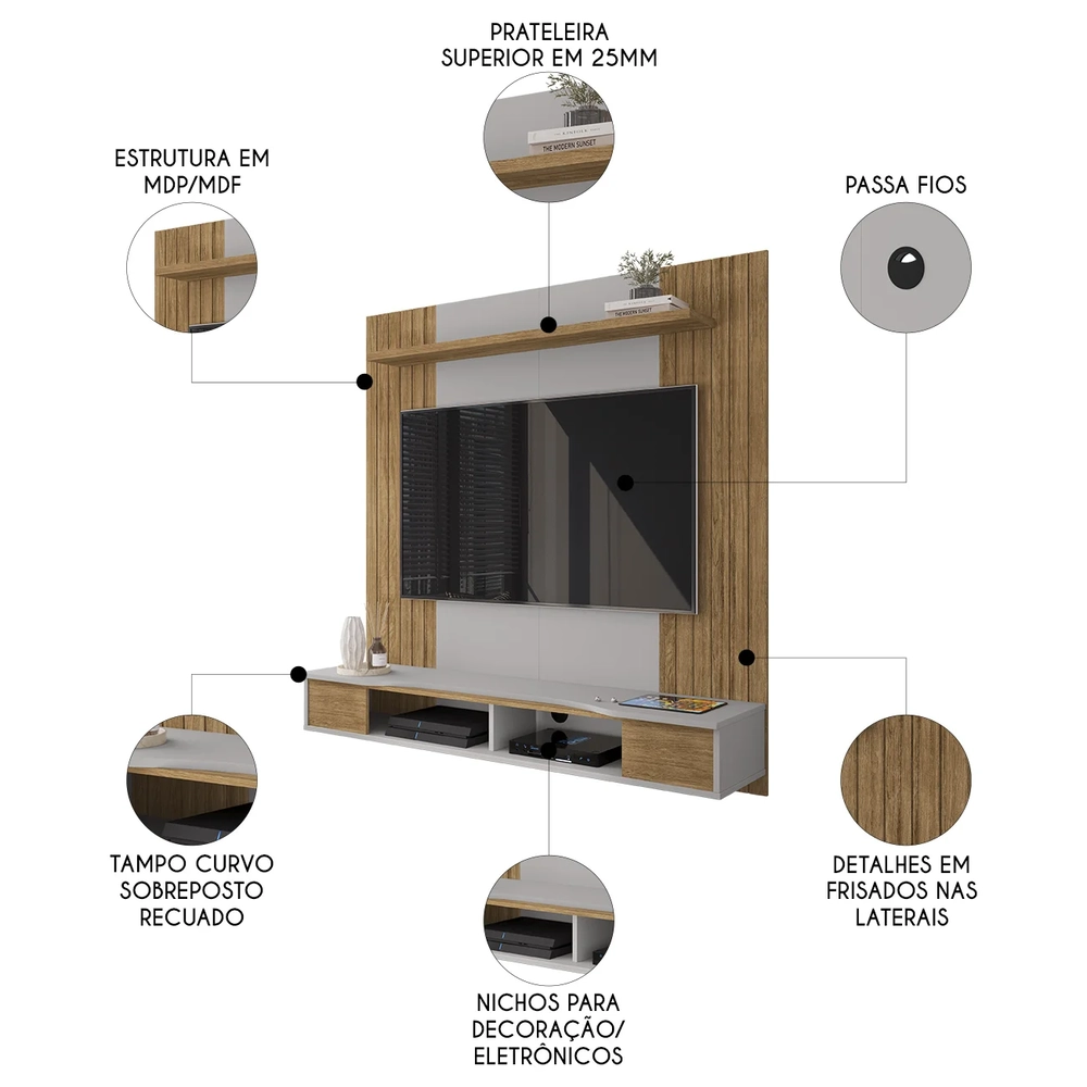 Painel TV 55 Pol e Bancada Suspensa 136cm Foz Cinamomo/Off B02 - Mpozenato