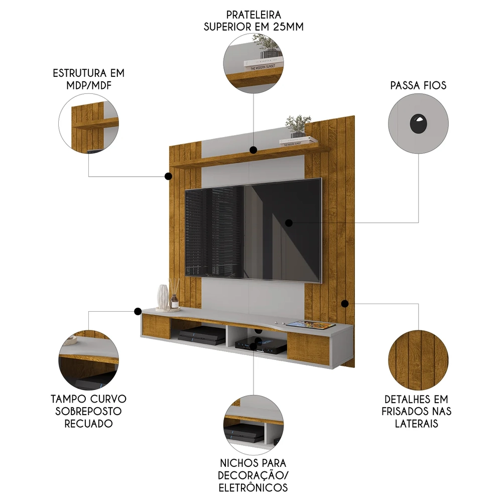 Painel TV 55 Pol e Bancada Suspensa 136cm Foz Naturalle/Off B02 - Mpozenato