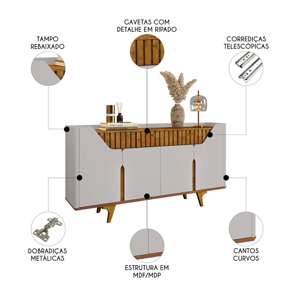 Buffet Aparador Sala de Estar 180cm Zayn Off/Naturalle B02  - Mpozenato
