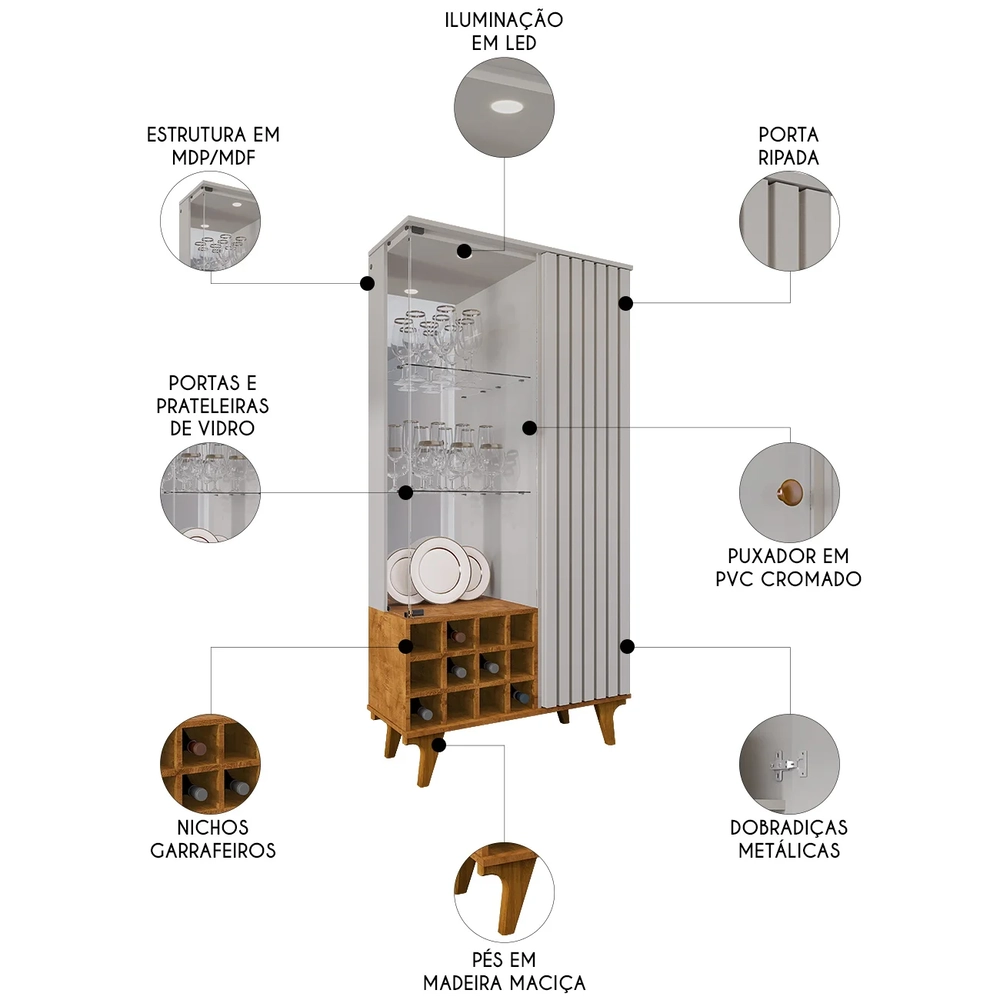 Cristaleira Porta de Vidro e Adega 91cm Lauana Off/Naturalle B02 - Mpozenato