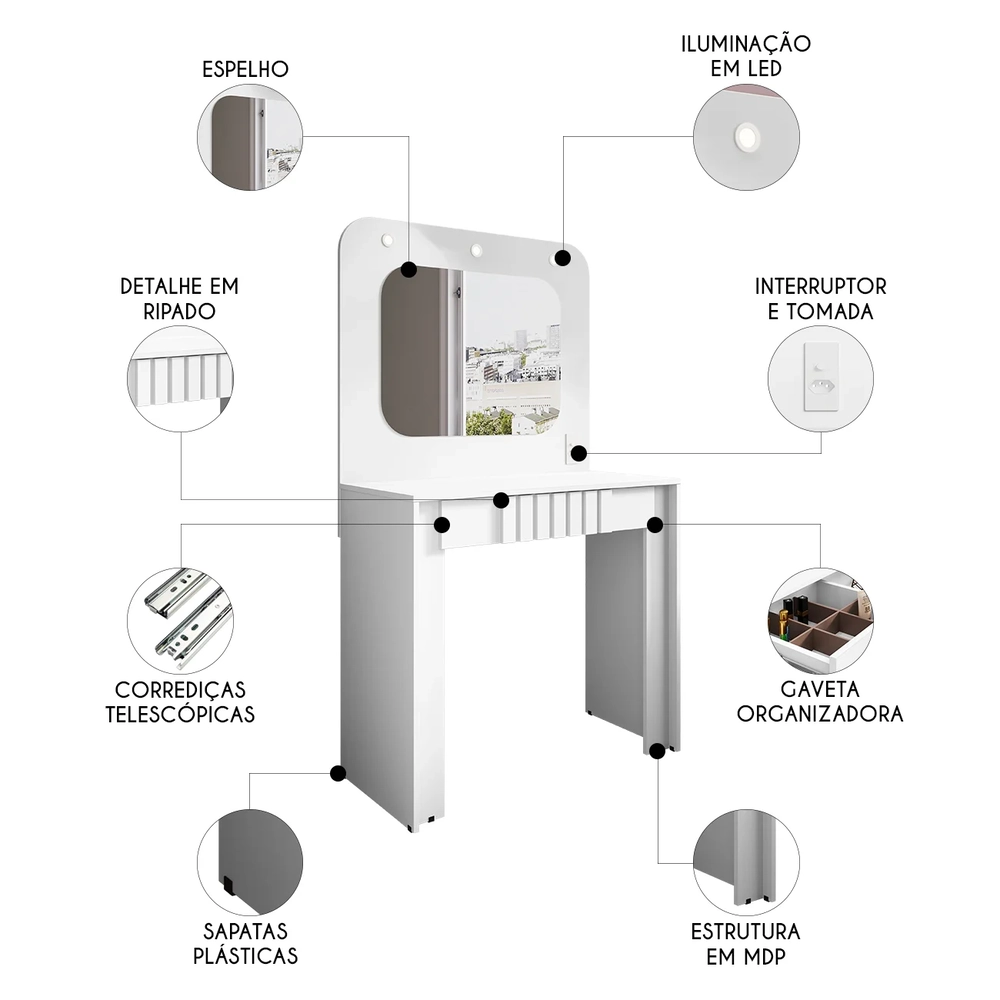 Penteadeira Camarim 90cm Com Espelho Lilian Branco B02      - Mpozenato
