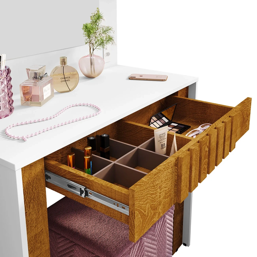 Penteadeira Camarim 90cm Com Espelho Lilian Branco/Naturalle B02 - Mpozenato