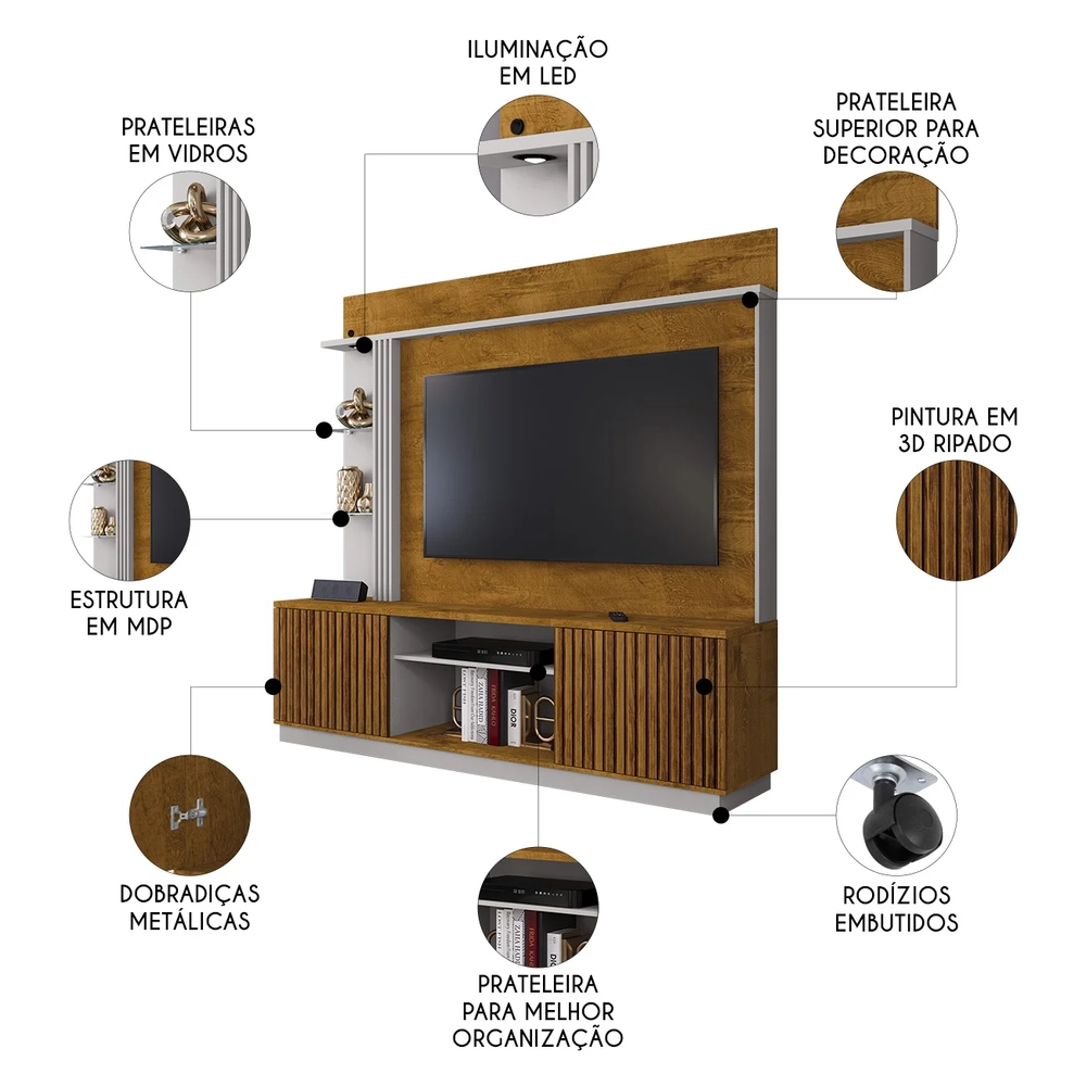 Estante Painel Para TV 65 Pol 201cm Atlanta Naturalle/Off   - Bechara