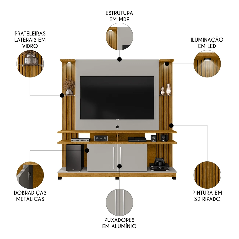 Estante Painel Para TV 55 Pol 180cm Com LED York Naturalle/Off - Bechara