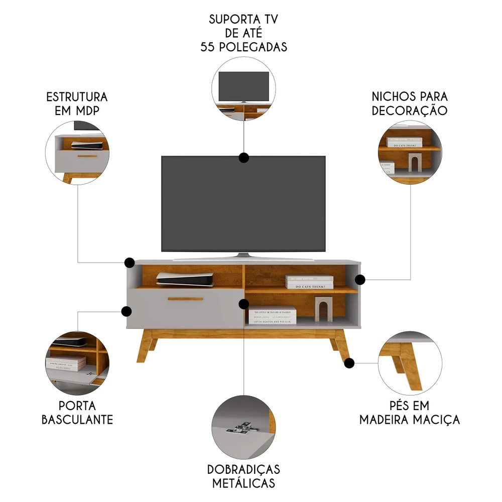 Rack Bancada Para TV 55 Pol 136cm Paládio Off/Naturalle     - Bechara