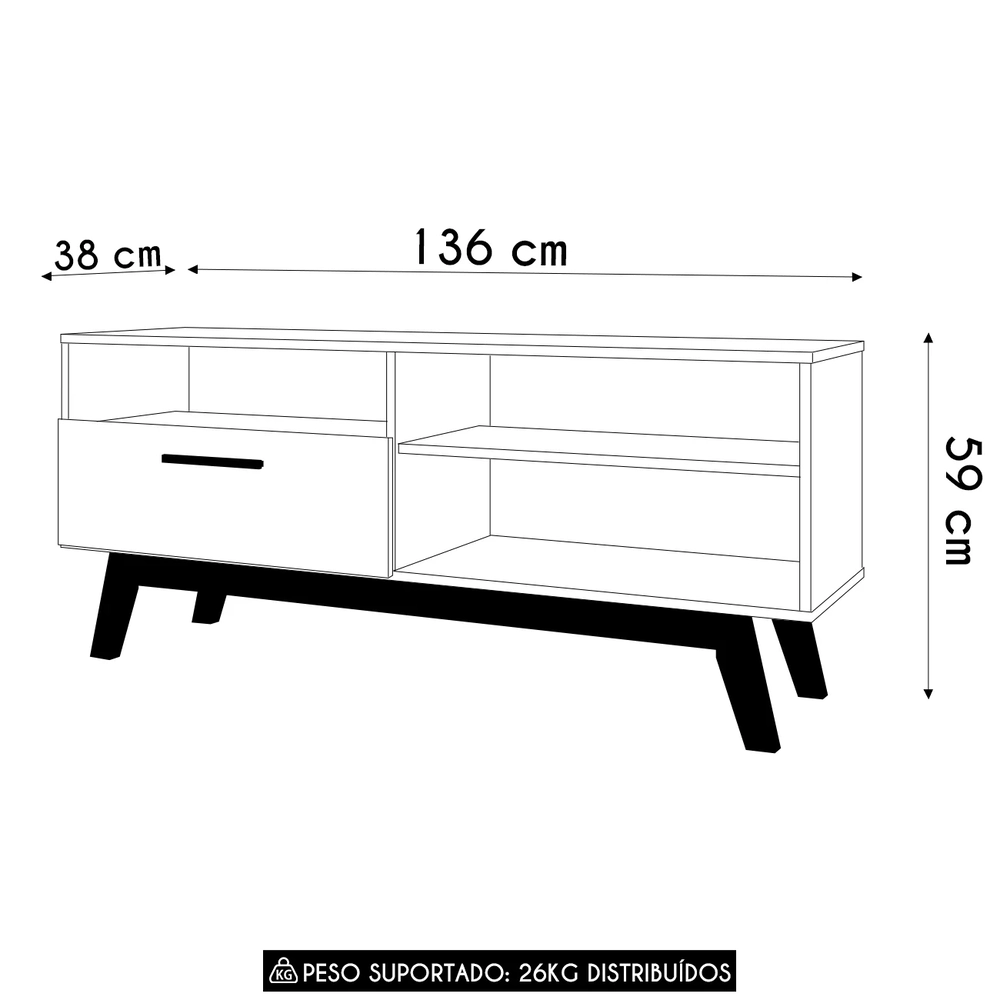 Rack Bancada Para TV 55 Pol 136cm Paládio Off/Naturalle     - Bechara