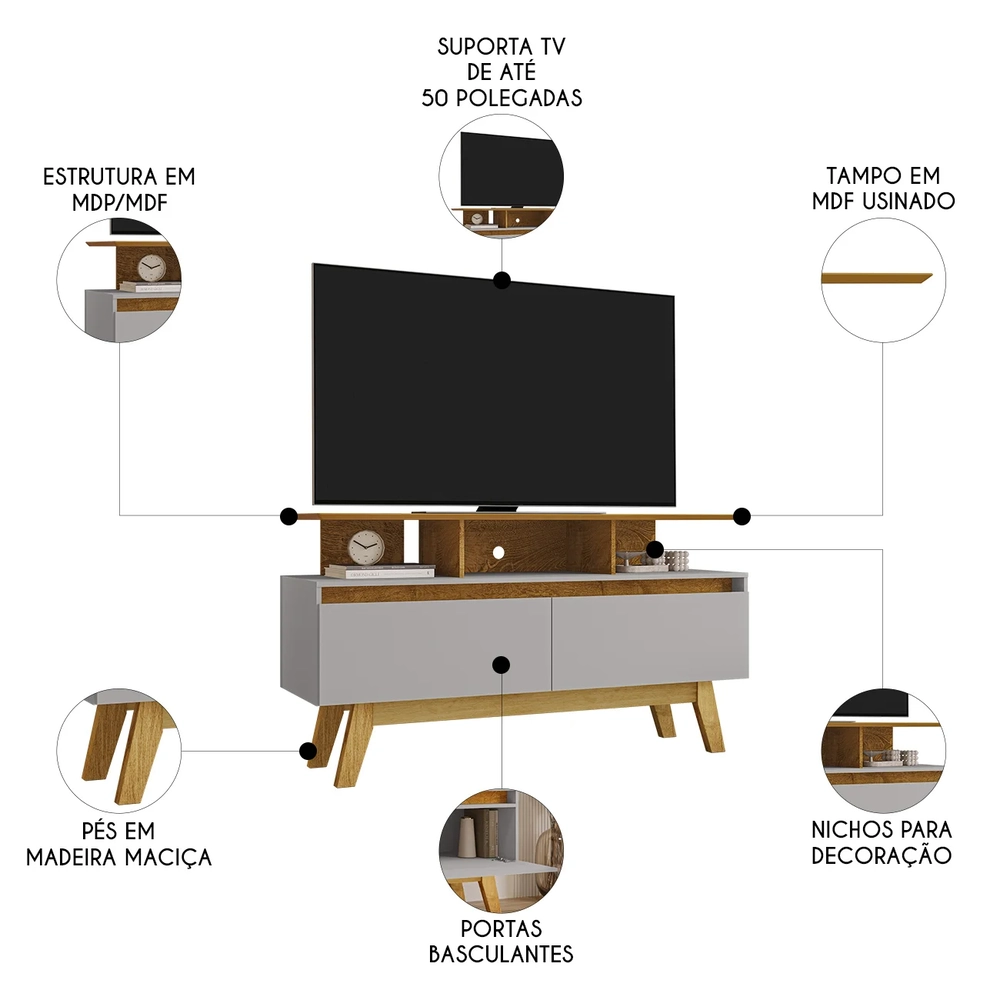 Rack Bancada Para TV 50 Pol 120cm 2 Portas Rubi Naturalle/Off - Bechara