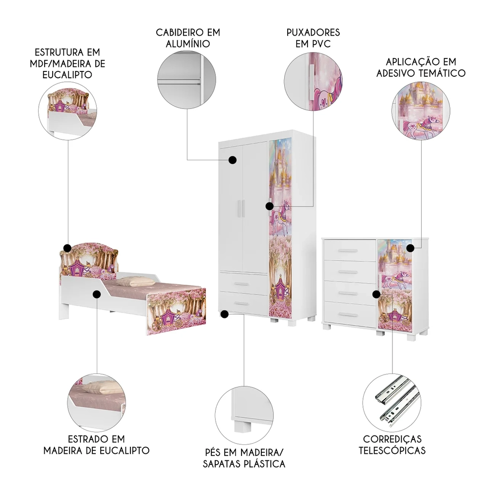 Quarto Infantil 3 Peças Com Mini Cama Carruagem Rosa Z53    - Mpozenato