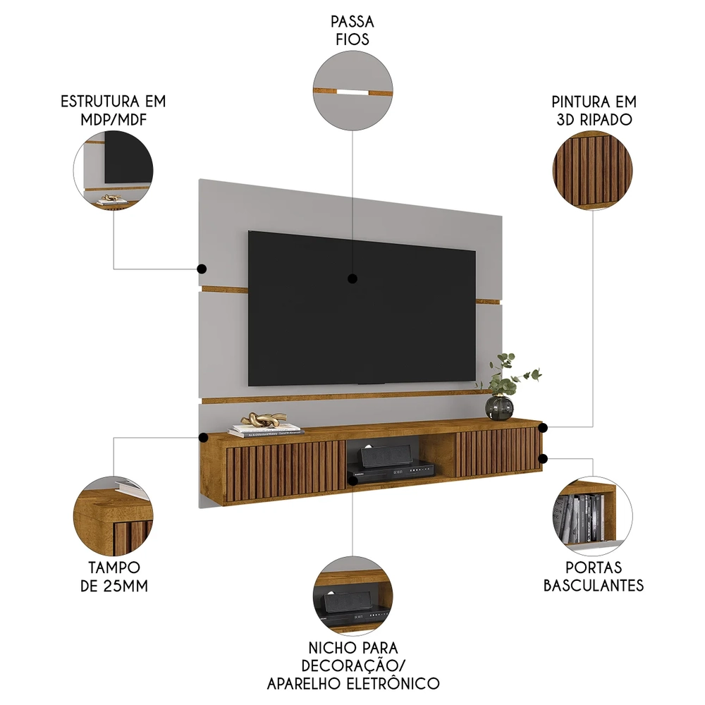 Painel TV 65 Pol Bancada Suspensa 160cm Âmbar Off/Naturalle - Bechara
