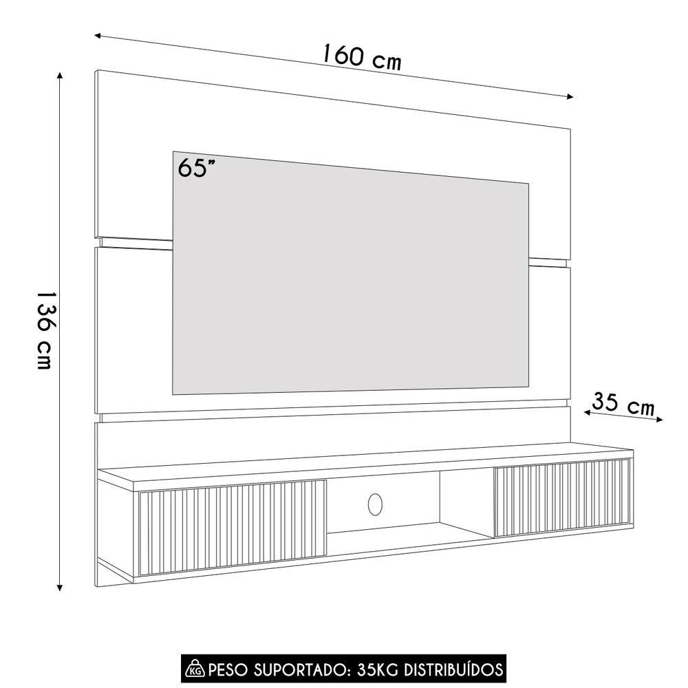 Painel TV 65 Pol Bancada Suspensa 160cm Âmbar Off/Naturalle - Bechara