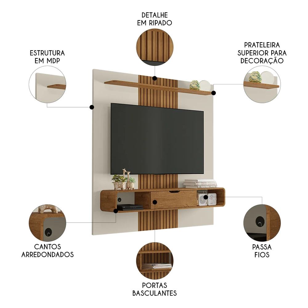 Painel TV 65 Pol Bancada Suspensa 158cm Lisboa Off/Naturalle - Bechara