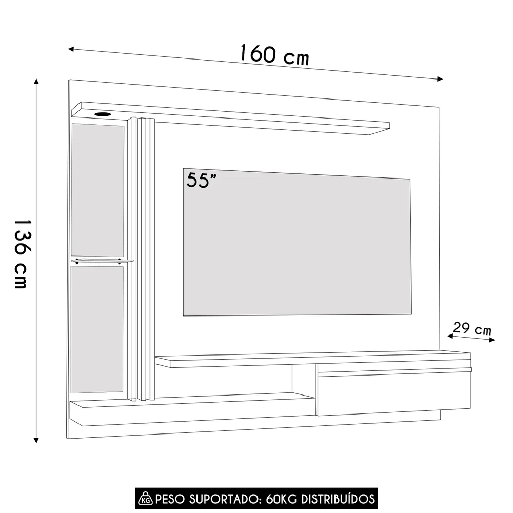 Painel TV 55 Pol Bancada Suspensa 160cm Denver Off/Naturalle - Bechara