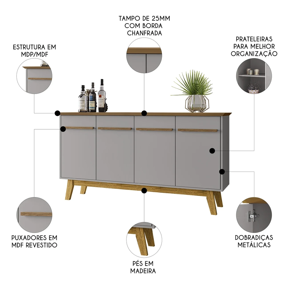 Buffet Aparador Sala de Estar 160cm 4 Portas Opala Cinamomo/Off - Bechara