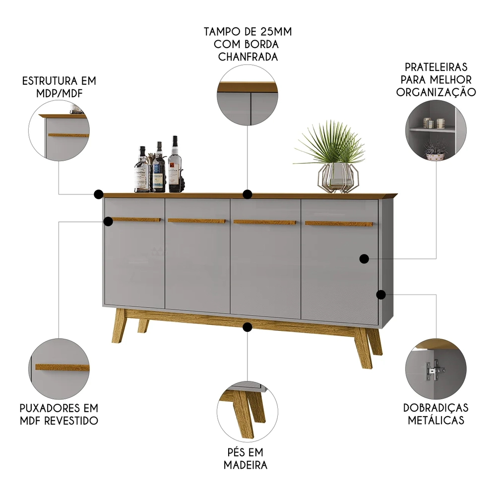 Buffet Aparador Sala de Estar 160cm 4 Portas Opala Naturalle/Off - Bechara