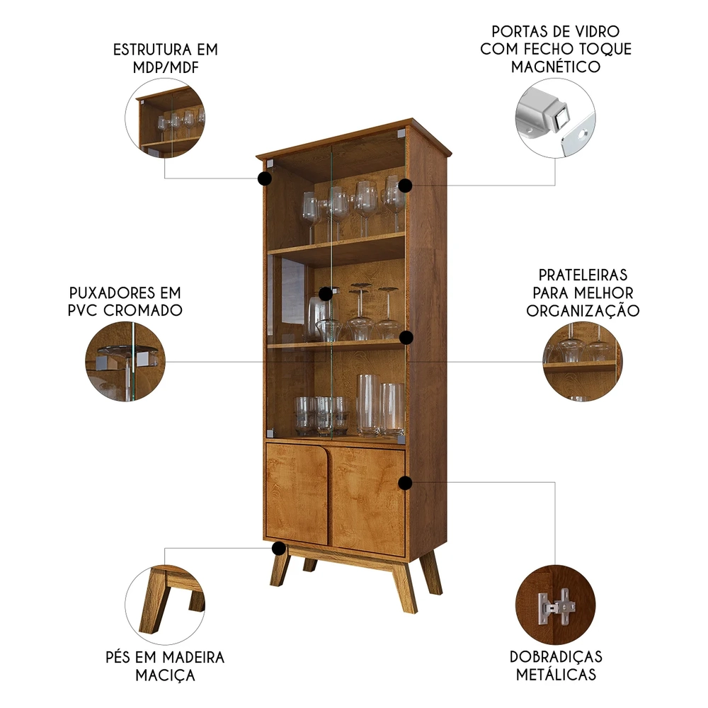 Cristaleira Porta de Vidro 70cm Pés Retrô Madri Naturalle   - Bechara