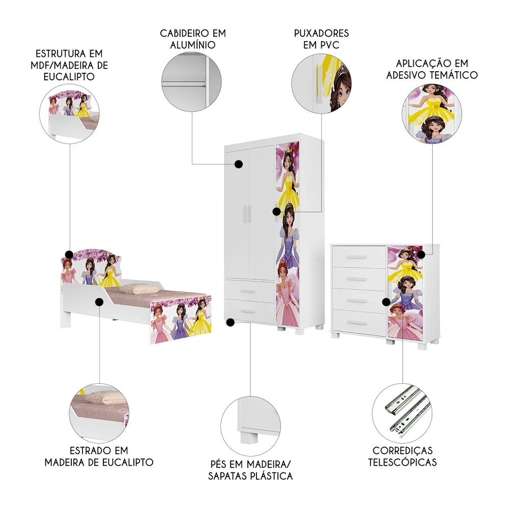 Quarto Infantil 3 Peças Com Mini Cama Princesa Rosa Z53     - Mpozenato