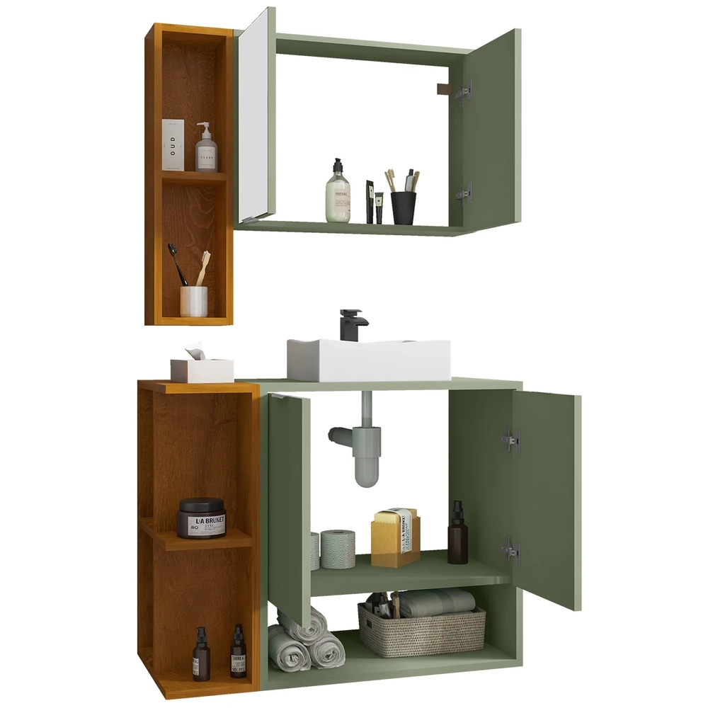 Gabinete Banheiro Cuba e Espelheira Lizzi Pistache/Naturalle B02 - Mpozenato