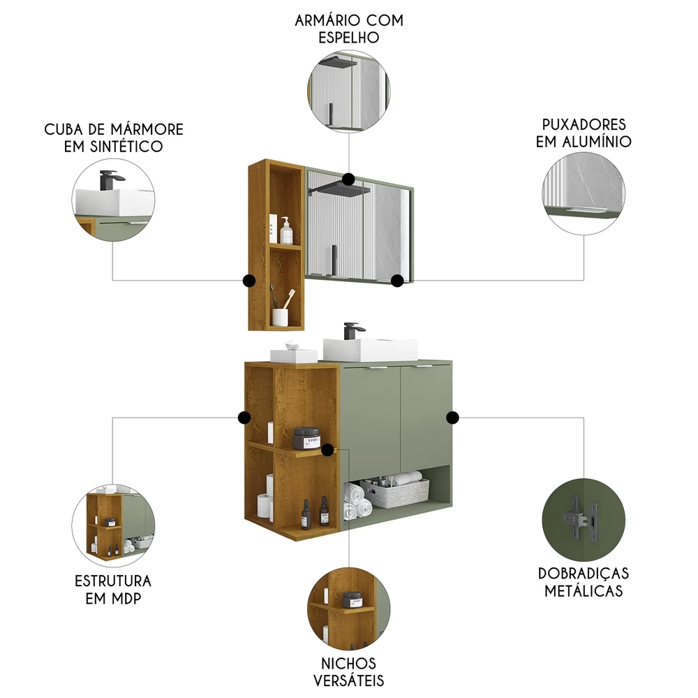 Gabinete Banheiro Cuba e Espelheira Lizzi Pistache/Naturalle B02 - Mpozenato