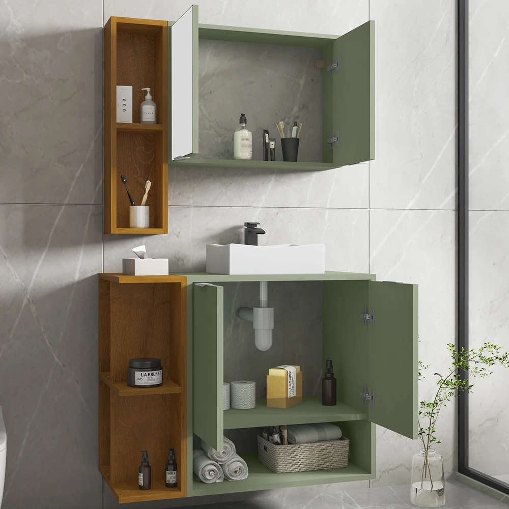 Gabinete Banheiro Cuba e Espelheira Lizzi Pistache/Naturalle B02 - Mpozenato