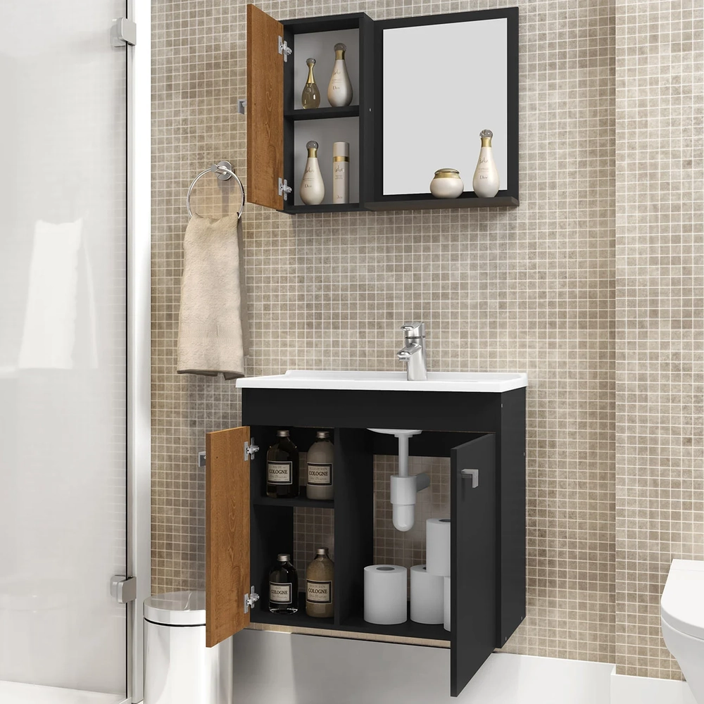 Gabinete Banheiro Com Cuba e Espelheira Munique Preto       - Bechara