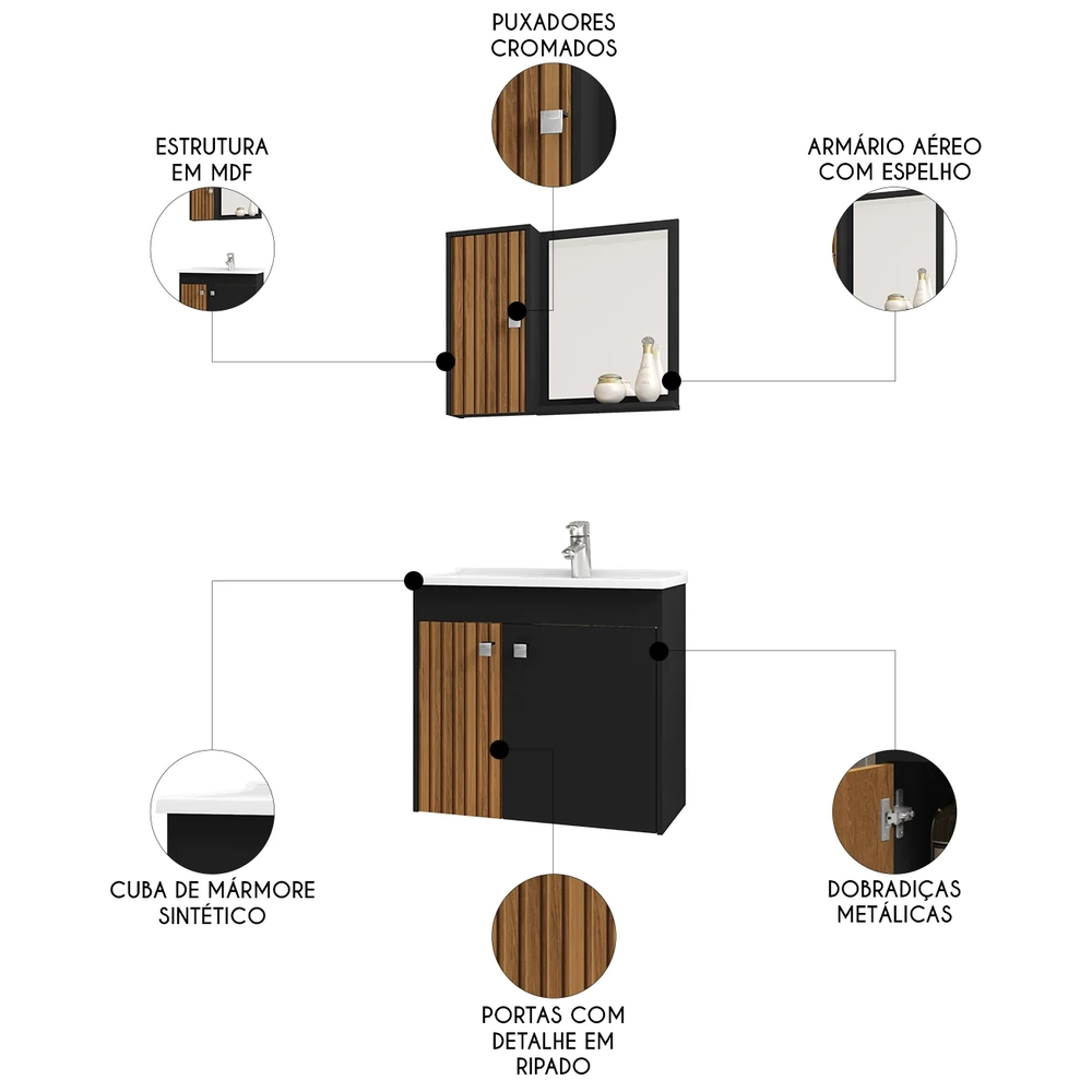 Gabinete Banheiro Com Cuba e Espelheira Munique Preto       - Bechara