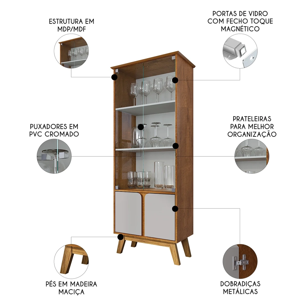 Cristaleira Porta de Vidro 70cm Pés Retrô Madri Naturalle/Off - Bechara