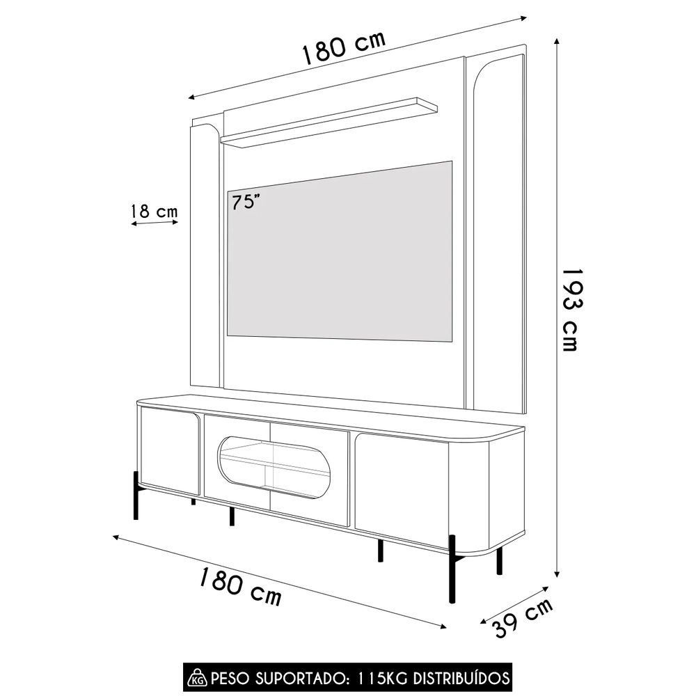 Painel TV 75 Pol Marina e Rack Com LED 180cm Ricky Off/Cinamomo B02 - Mpozenato
