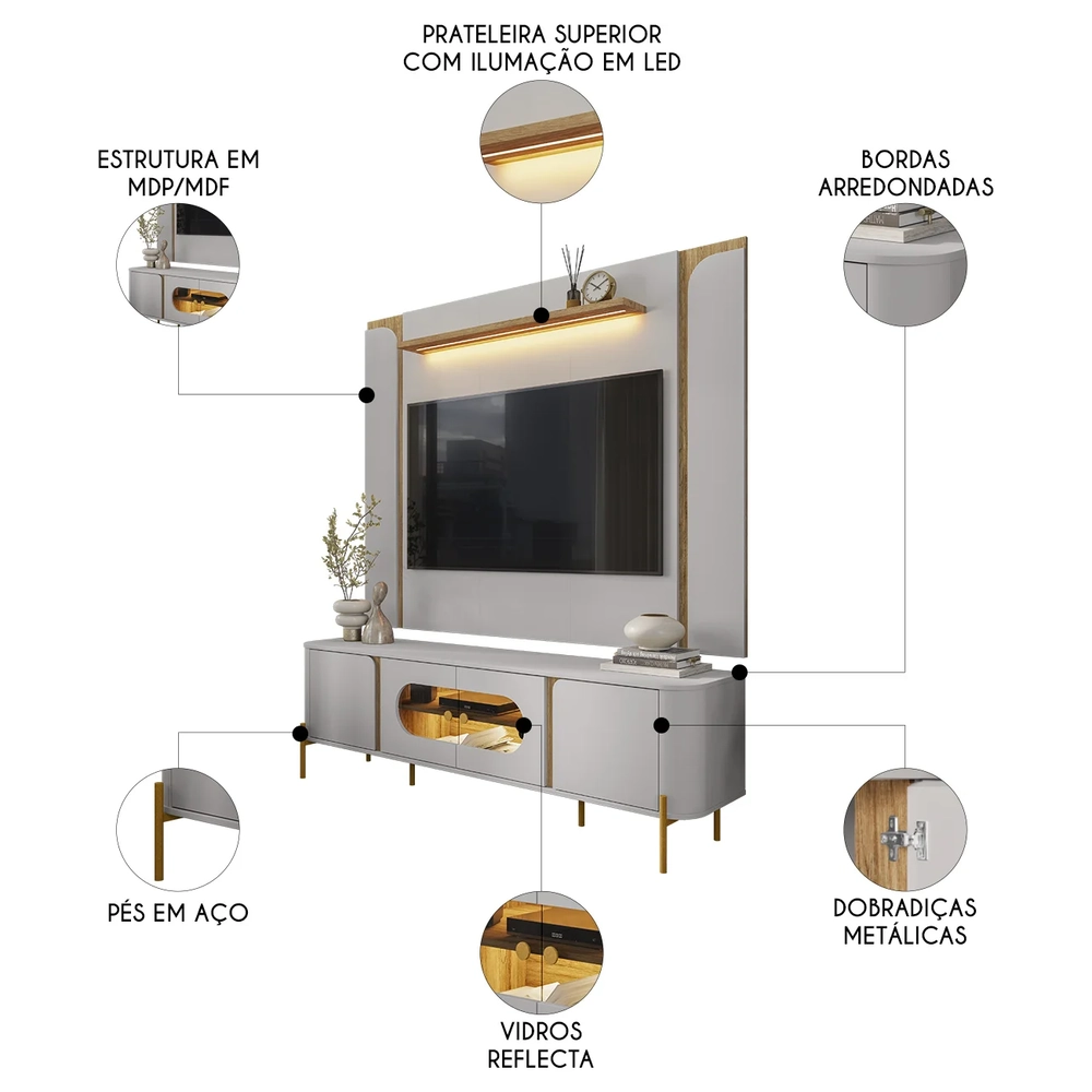Painel TV 75 Pol Marina e Rack Com LED 180cm Ricky Off/Cinamomo B02 - Mpozenato