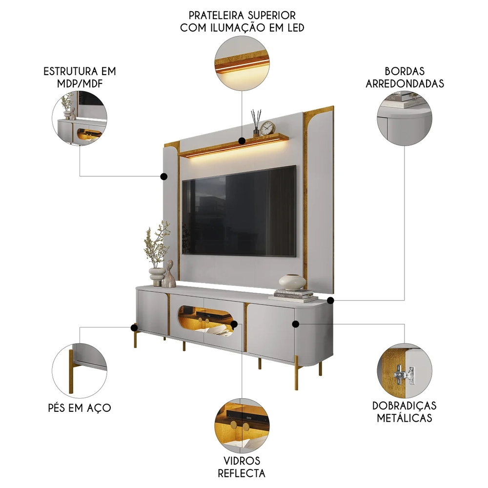 Painel TV 75 Pol Marina e Rack Com LED 180cm Ricky Off/Naturalle B02 - Mpozenato