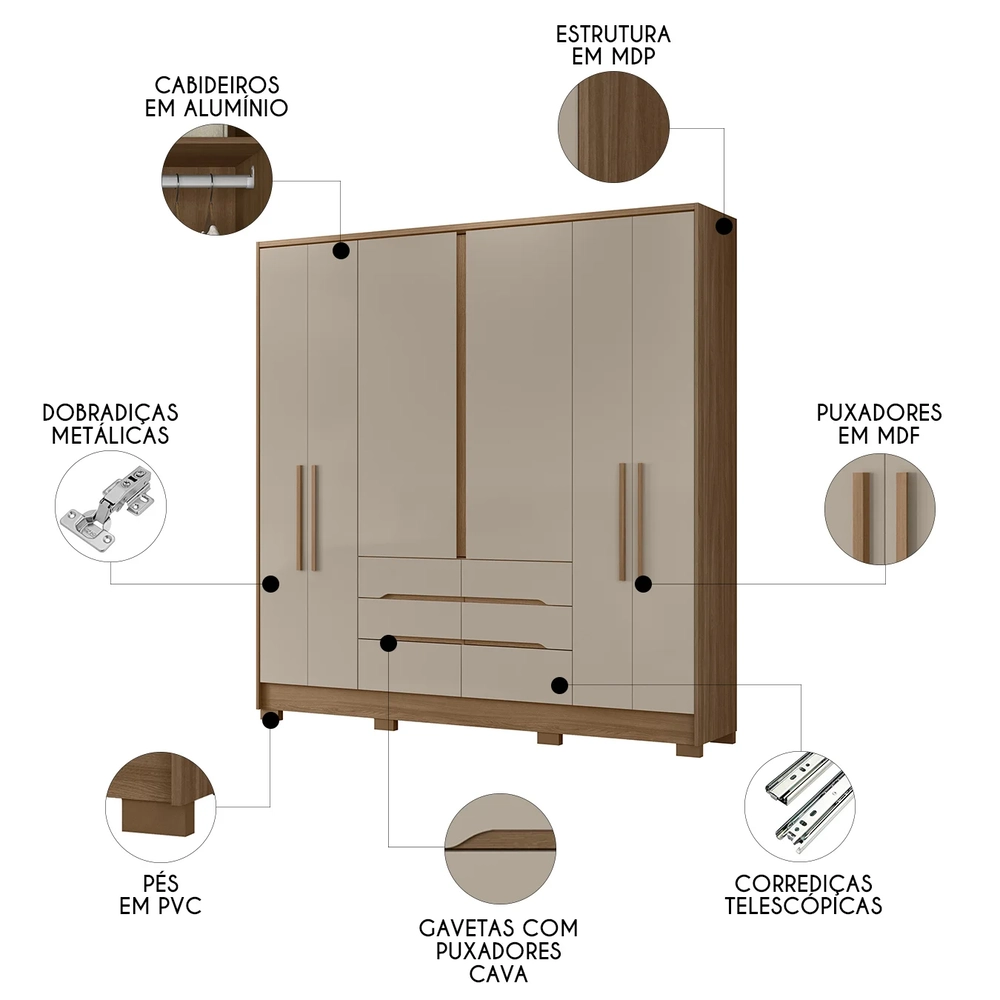 Guarda Roupa Casal 216cm 6 Portas Alabama Carvalho/Fendi Z17 - Mpozenato
