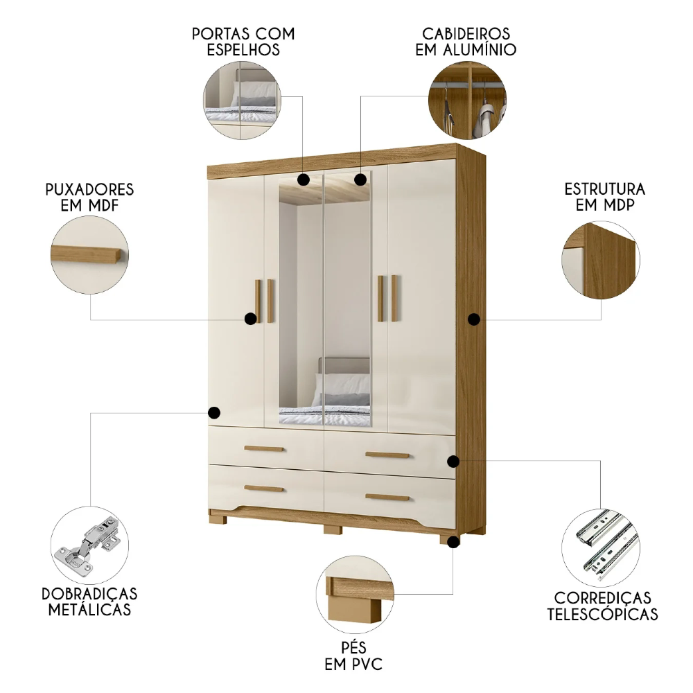 Guarda Roupa Casal 160cm Com Espelho Cancum Freijó/Off Z17   - Mpozenato