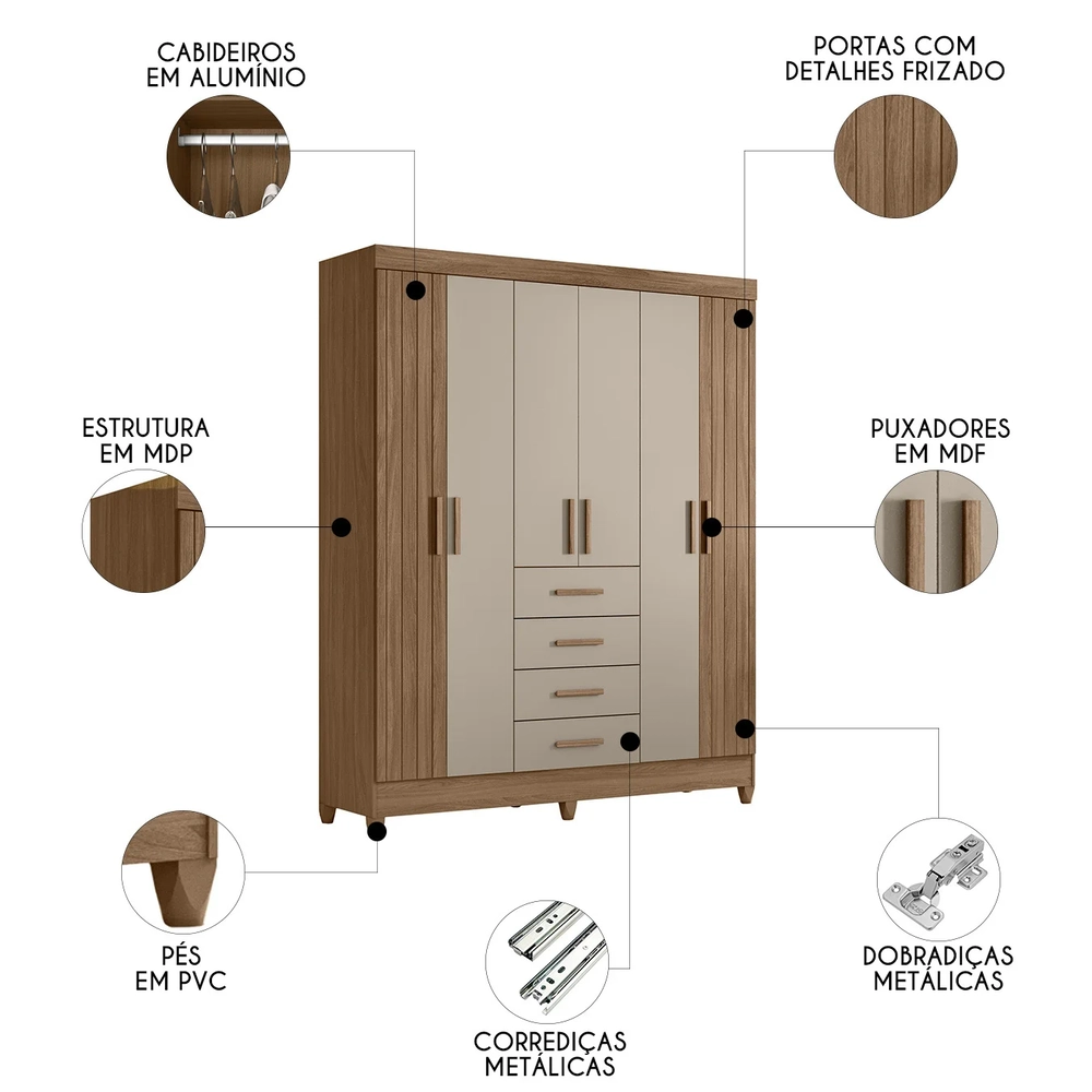 Guarda Roupa Casal 165cm 6 Portas Khani Carvalho/Fendi Z17   - Mpozenato