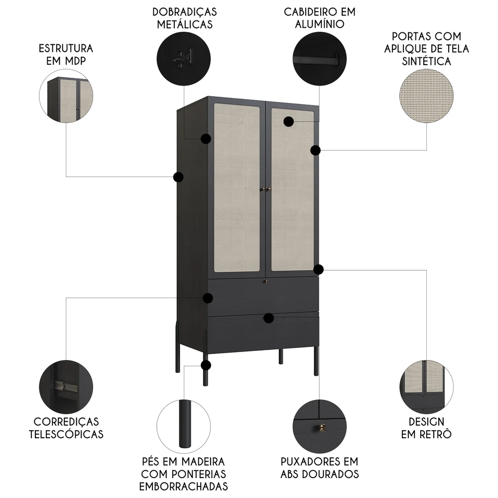 Guarda Roupa Solteiro 80cm Com 2 Portas Arlo Nero Preto A10 - Mpozenato