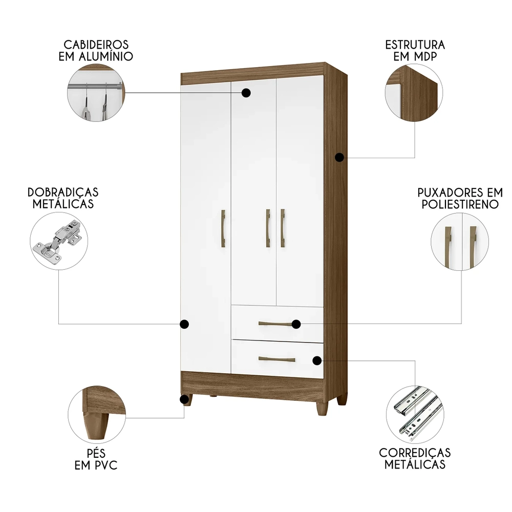 Guarda Roupa Solteiro 82cm 3 Portas Zeno Naturale/Branco Z17 - Mpozenato