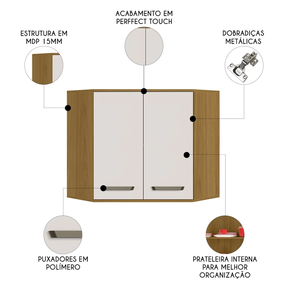 Armário Aéreo de Canto Oblíquo 80cm Rita Freijó/Off Acetinado Z44 - Mpozenato