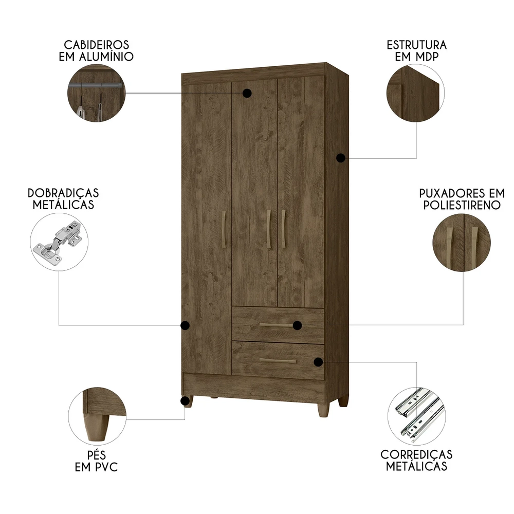 Guarda Roupa Solteiro 82cm 3 Portas Zeno Castanho Wood Z17   - Mpozenato