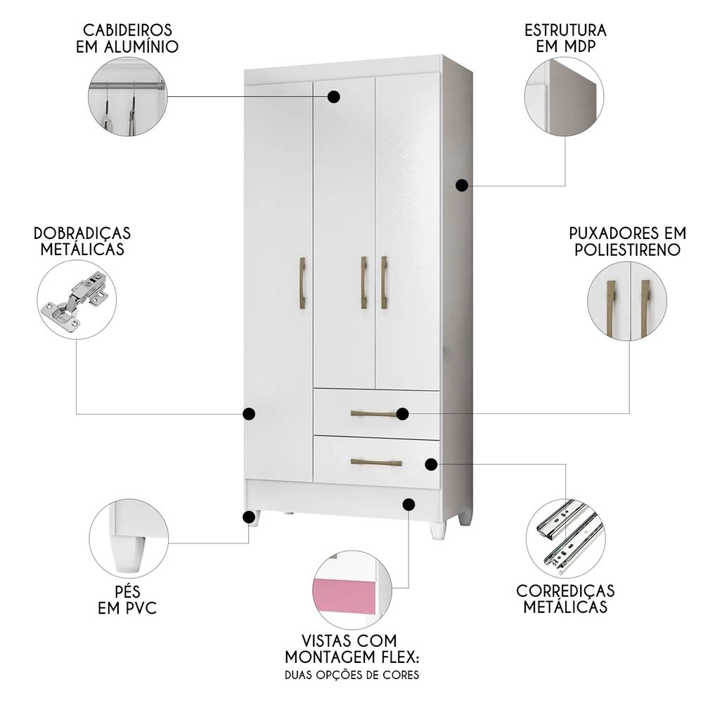 Guarda Roupa Solteiro 82cm 3 Portas Zeno Flex Branco Z17     - Mpozenato