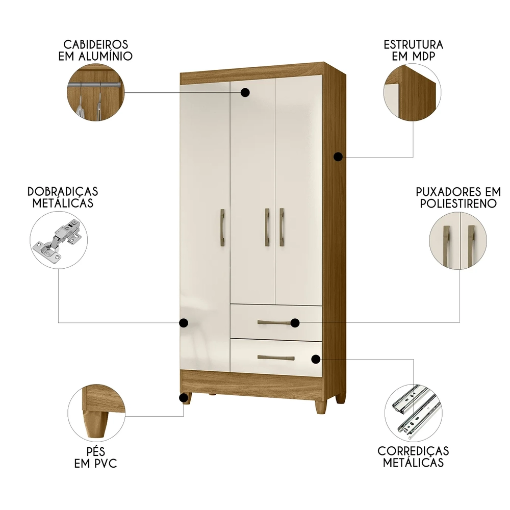 Guarda Roupa Solteiro 82cm 3 Portas Zeno Freijó/Off Z17      - Mpozenato