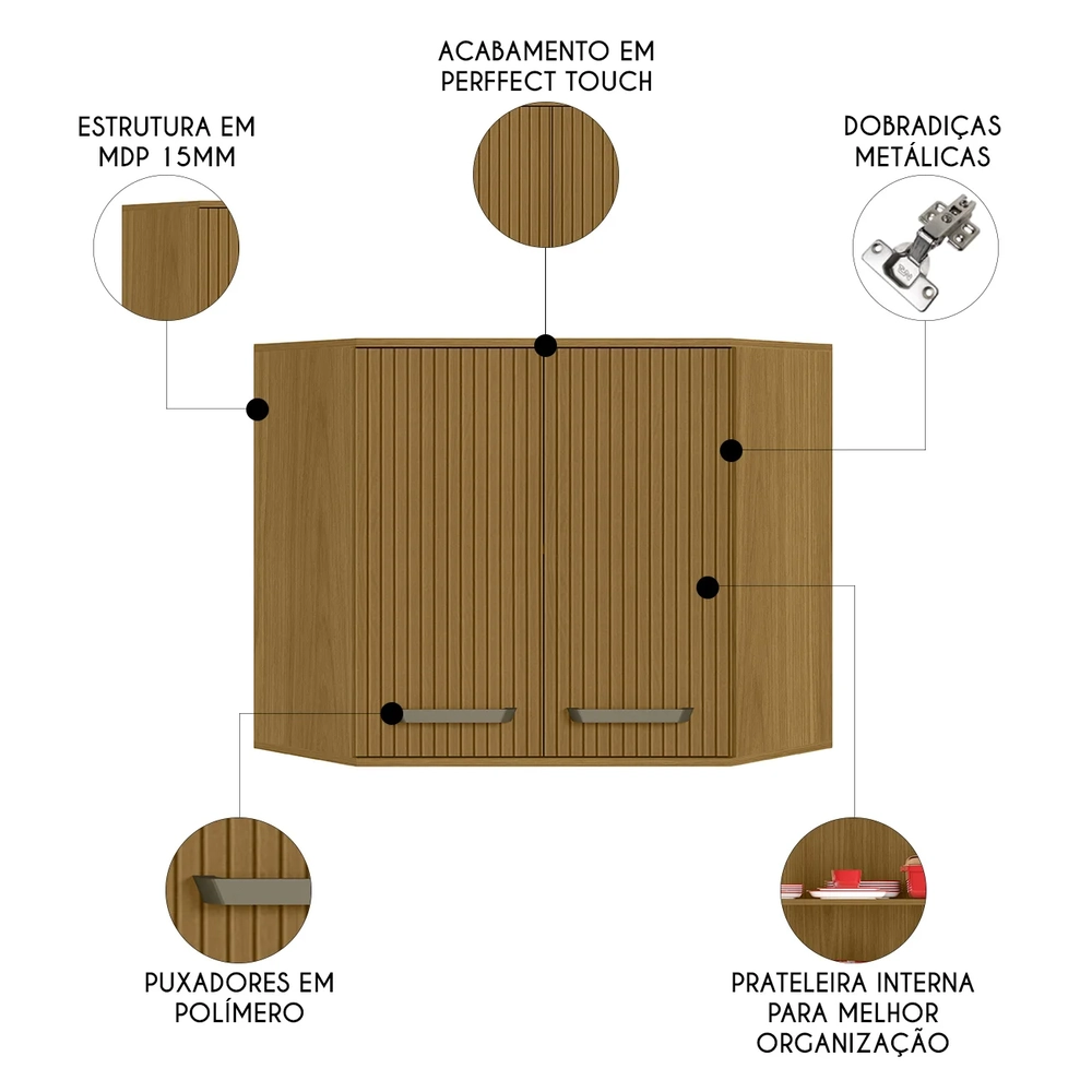 Armário Aéreo de Canto Oblíquo 80cm Rita Freijó/Ripado Z44  - Mpozenato