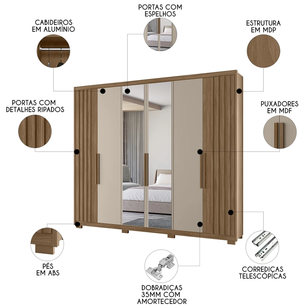 Guarda Roupa Casal 260cm Com Espelho Gaia Carvalho/Fendi Z17 - Mpozenato
