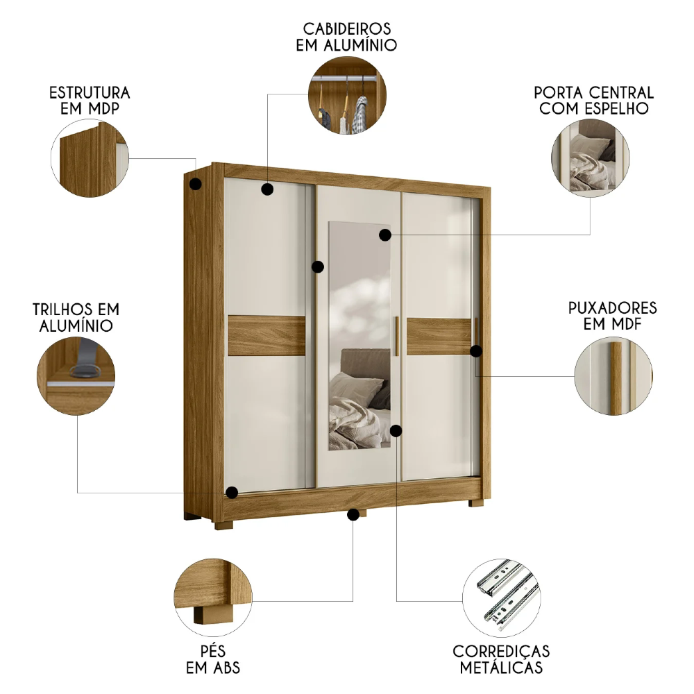 Guarda Roupa Casal 202cm Com Espelho Arden Freijó/Off Z17    - Mpozenato