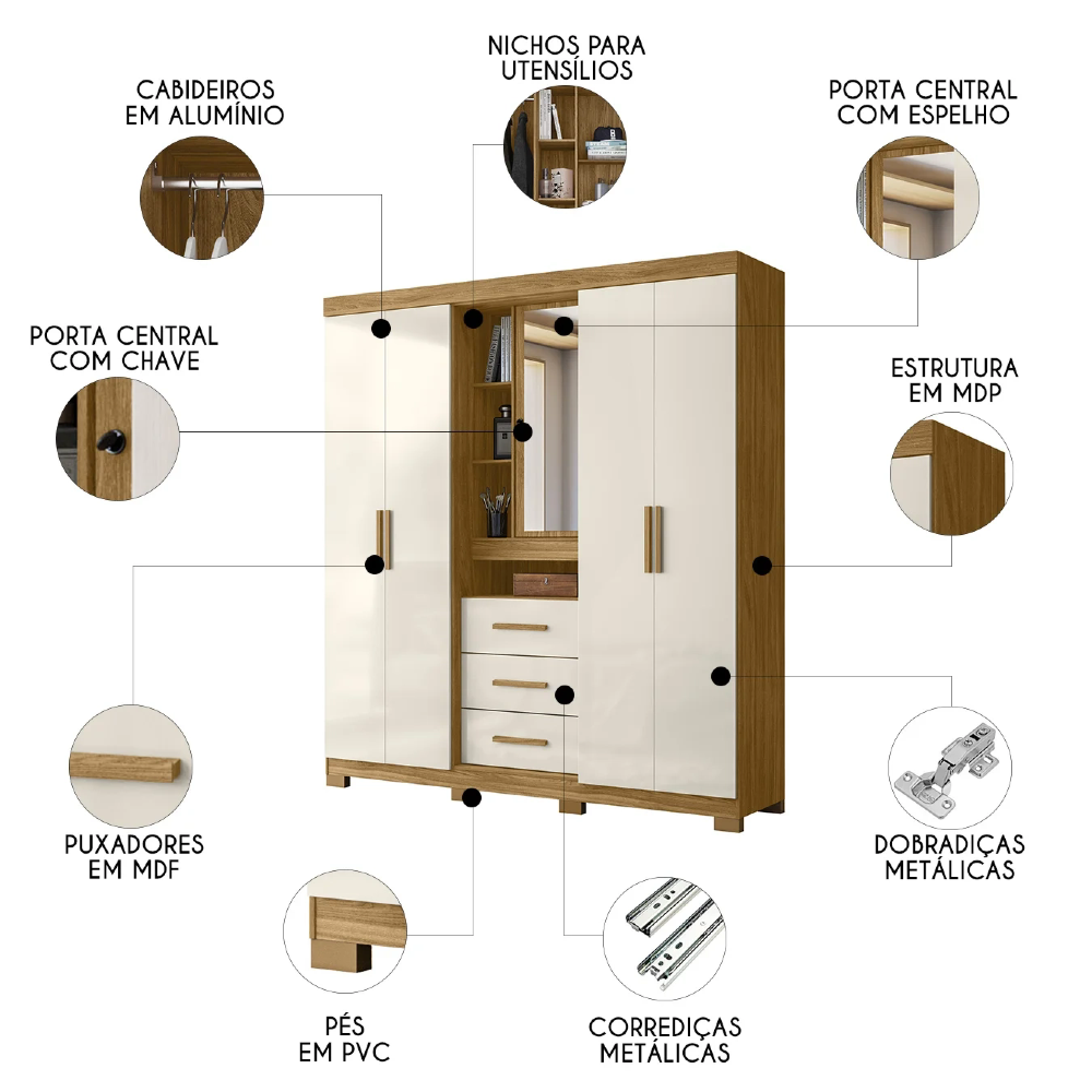 Guarda Roupa Casal 195cm Com Espelho Cieza Freijó/Off Z17    - Mpozenato