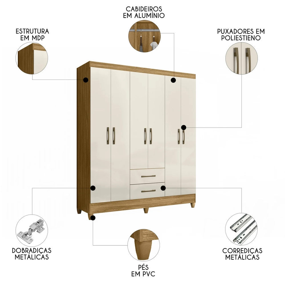 Guarda Roupa Casal 153cm 6 Portas Astra Freijó/Off Z17       - Mpozenato