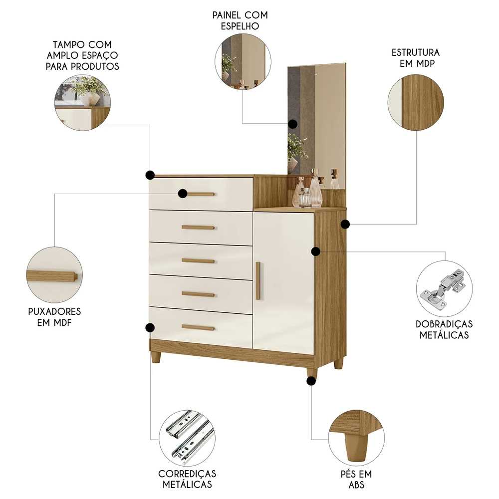 Cômoda Para Quarto 104cm Com Espelho Kyra Freijó/Off Z17     - Mpozenato