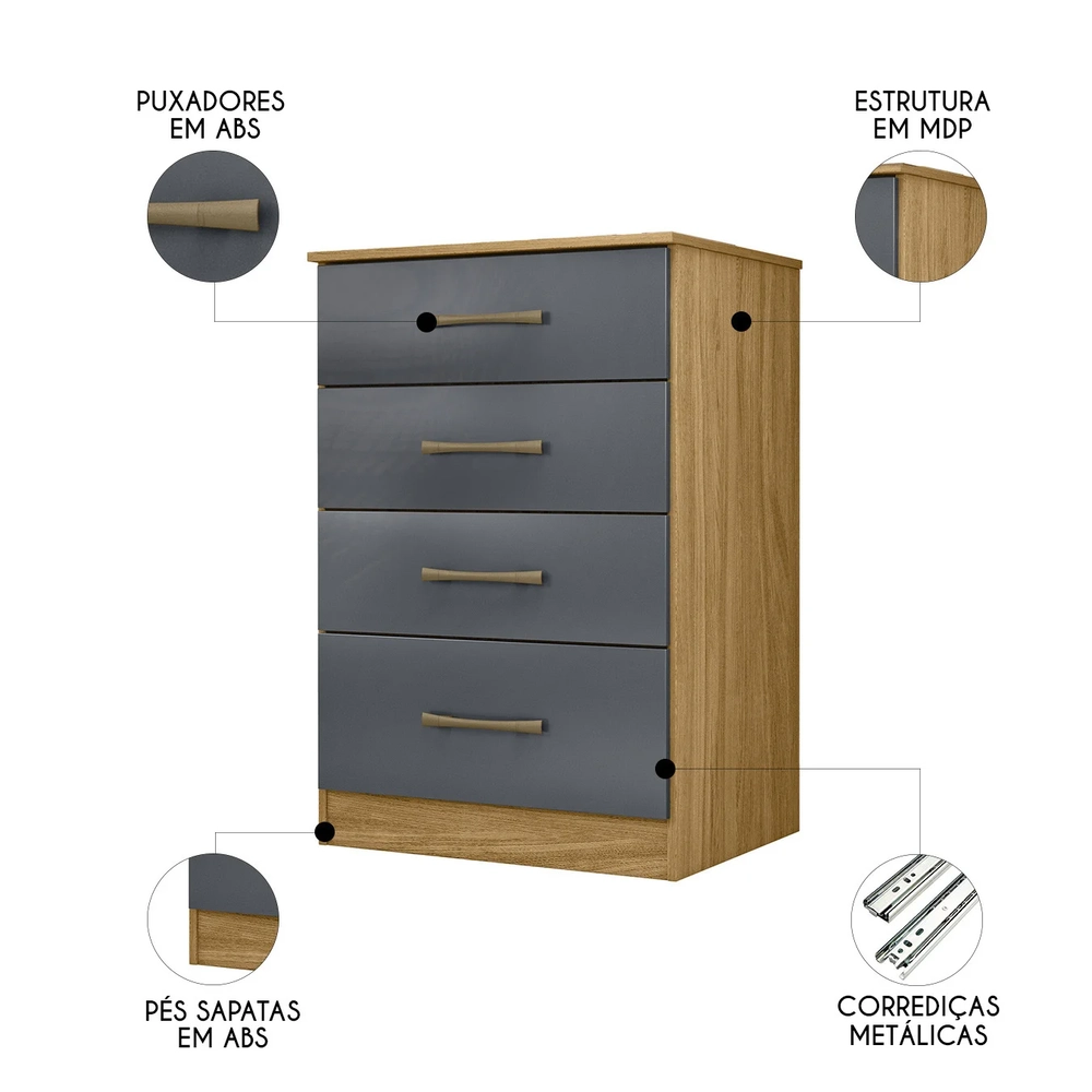 Cômoda Para Quarto 61cm Com 4 Gavetas Miriad Freijó/Cinza Z17 - Mpozenato